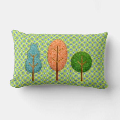 Orange Teal Green Autumn Trees Polka Dot Lumbar Pillow