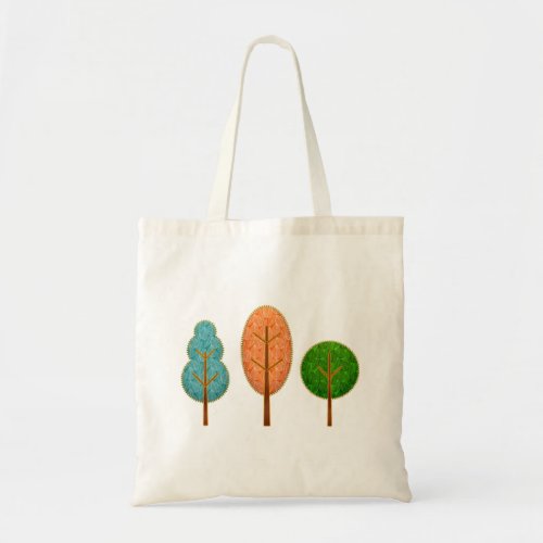 Orange Teal Green Trees with Stitching Tote Bag