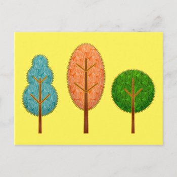 Orange Teal Green Trees With Stitching Yellow Postcard by TjsGarden at Zazzle