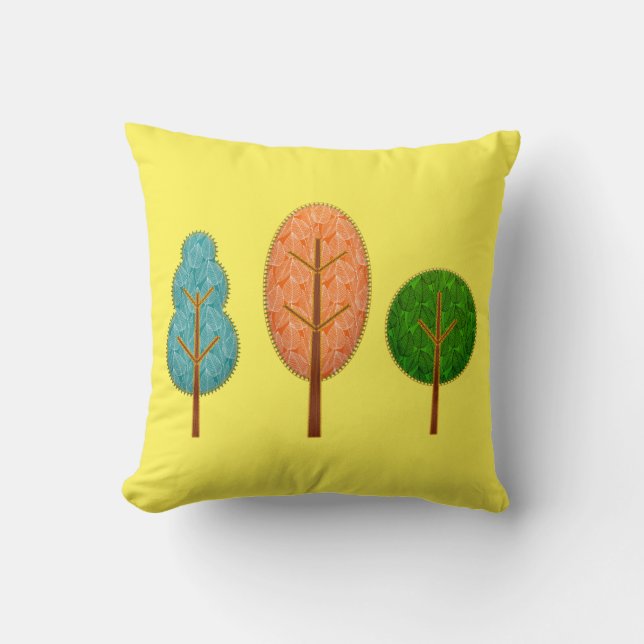 Orange Teal Green Trees with Stitching Yellow Throw Pillow (Front)