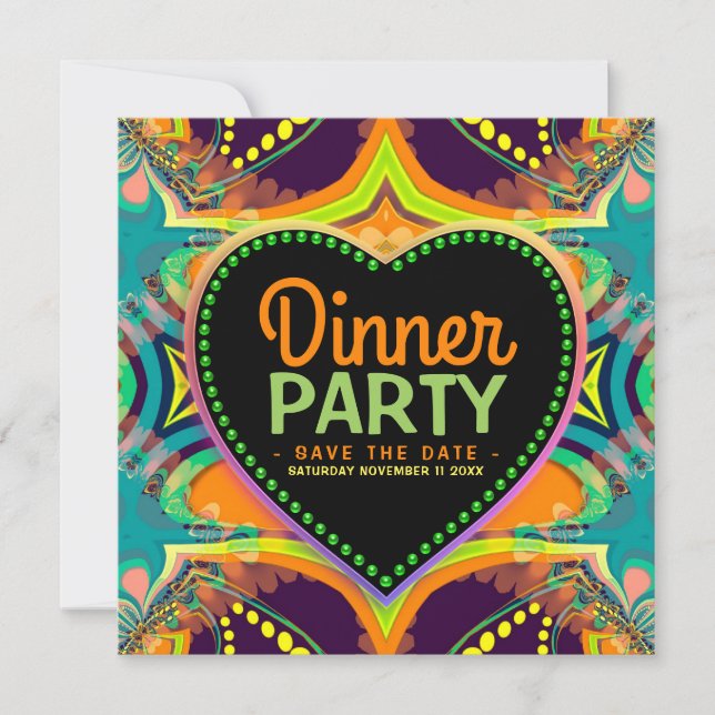 Orange Teal Groovy Hippie Bohemian Themed Party Save The Date (Front)