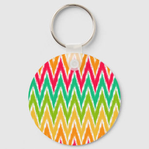 Orange Teal Ikat Chevron Zig Zag Stripes Pattern Keychain
