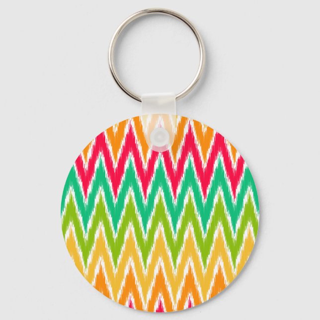 Orange Teal Ikat Chevron Zig Zag Stripes Pattern Keychain (Front)