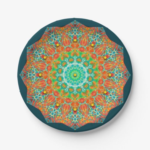 Orange Teal Kaleidoscope Paper Party Plates