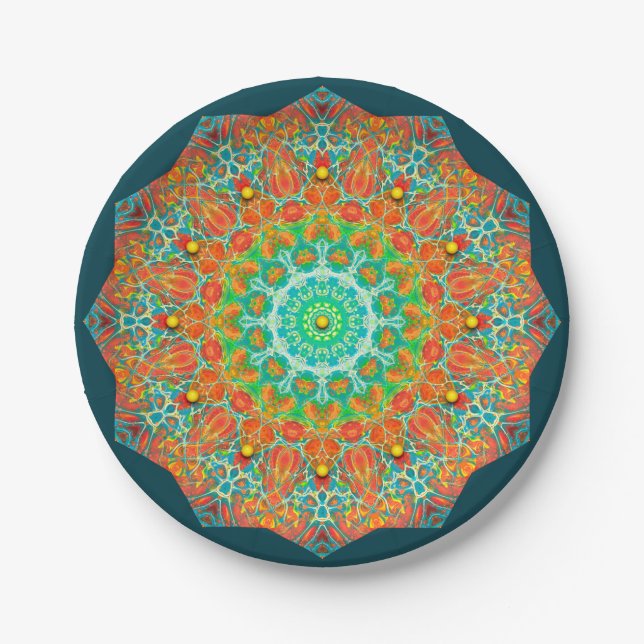 Orange Teal Kaleidoscope Paper Party Plates (Front)