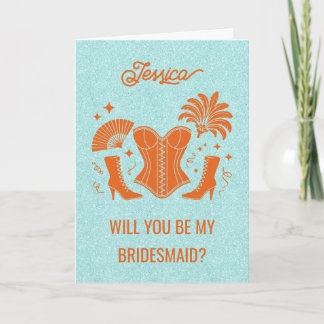 Orange + Teal Las Vegas Showgirl Bridesmaid Card
