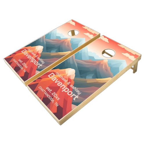 Orange Teal Mountains Name Est Date City Cornhole Set