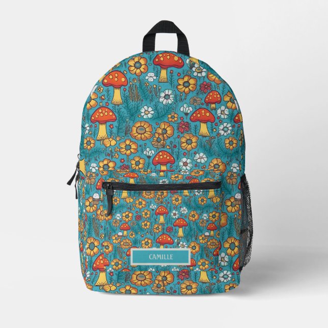Orange Teal Mushrooms Monogram Name Camp School Printed Backpack (Front)