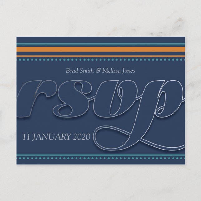 Orange & Teal Navy Blue RSVP Postcard (Front)