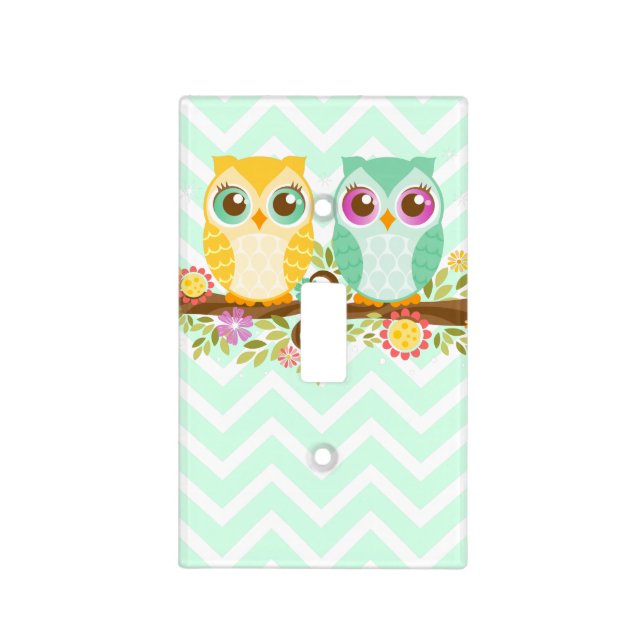 Orange & Teal Owls Light Switch Cover (Front)