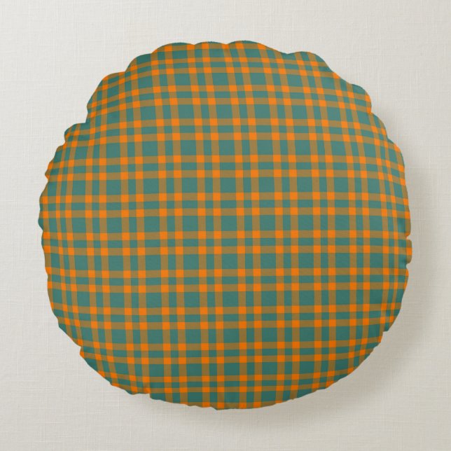 Orange Teal Plaid Pattern Round Pillow (Front)