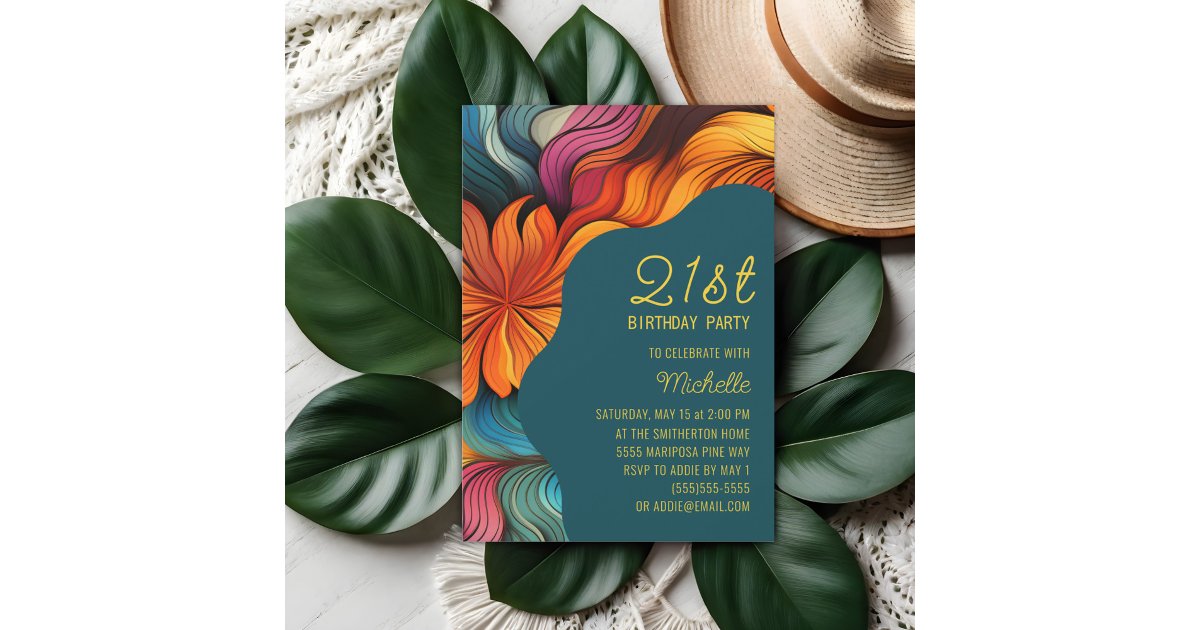 Orange Teal Retro Psychedelic Curves Birthday Invitation | Zazzle