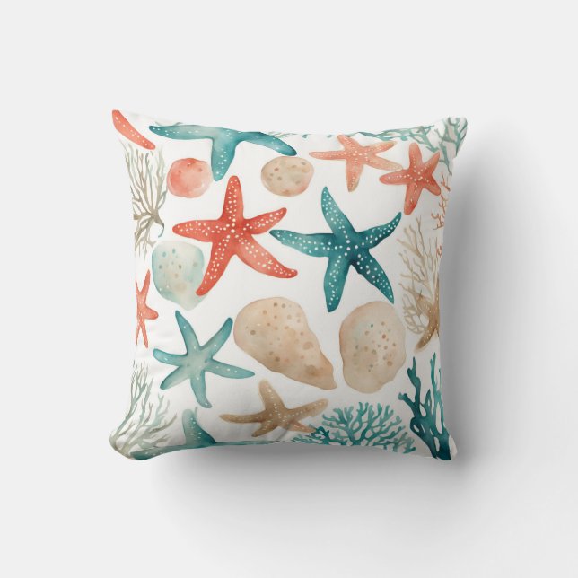 Orange Teal Starfish Beachy Seashell Pattern Throw Pillow (Front)
