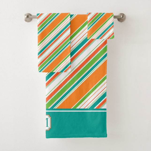 Orange Teal Stripe Monogram Bath Towel Set (Insitu)