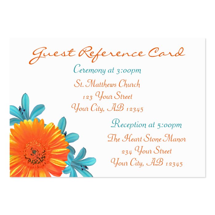 Orange & Teal Summer Flower Guest Reference Cards Business Card Templates