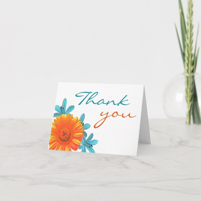 Orange & Teal Summer Flower Thank You Note Cards (Front)