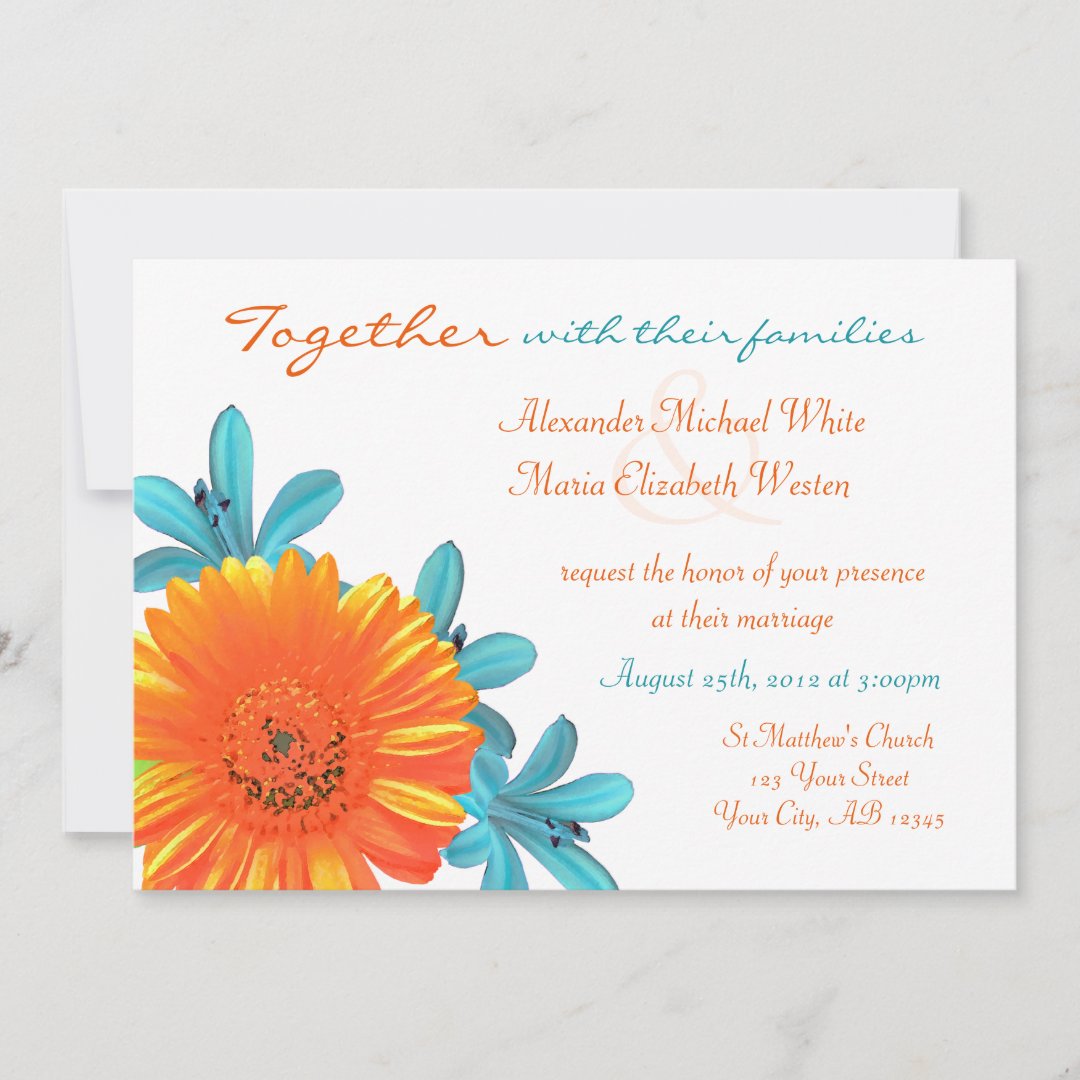 Orange & Teal Summer Flower Wedding Invitations Zazzle