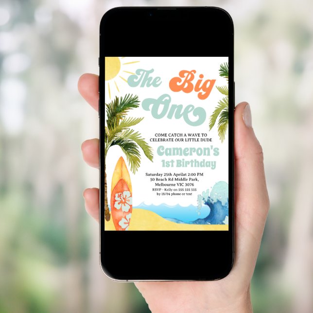 Orange Teal Surf Wave Big One 1st Birthday  Invitation (Front Digital)
