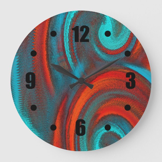 Orange Teal Swirling Abstract Design Large Clock (Front)