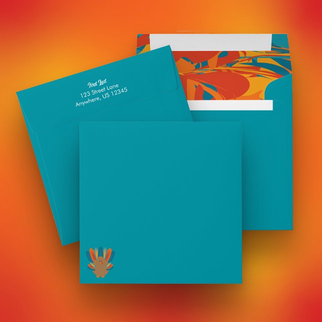 Orange & Teal Turkey Square Envelope (Thanksgiving Themed Square Envelope with Turkey on Front)