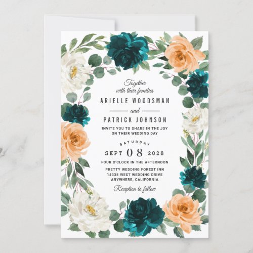Orange Teal Turquoise Blue Elegant Floral Wedding Invitation
