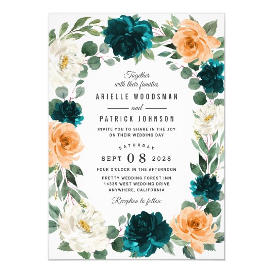Orange Teal Turquoise Blue Elegant Fl Wedding Invitation Orange Teal Turquoise Blue Elegant Fl Wedding Invitation