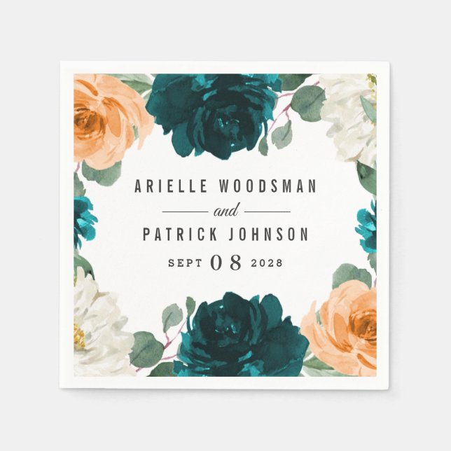Orange Teal Turquoise Blue Elegant Floral Wedding Napkins (Front)