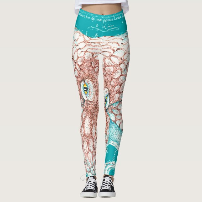 Orange Teal Vintage Map Ink Leggings (Front)