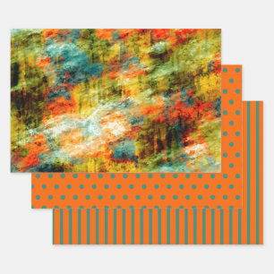 Orange Teal Watercolor Polka Dots Stripe Wrapping Paper Sheets