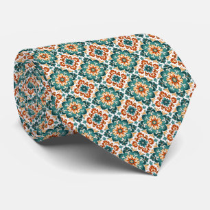 Orange, Teal & White Floral Tile Pattern Neck Tie