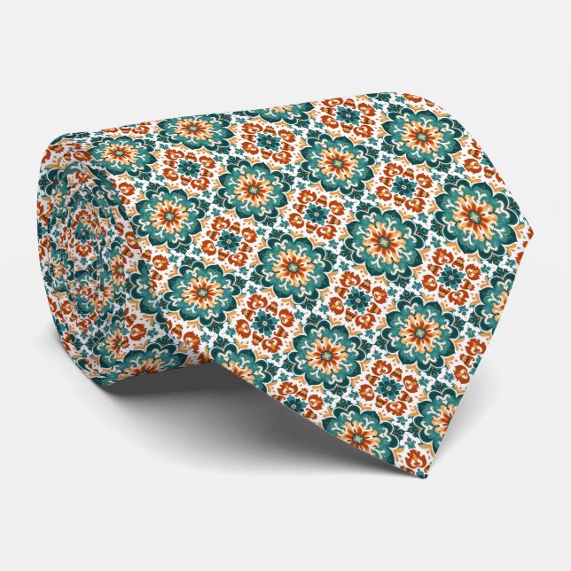 Orange, Teal & White Floral Tile Pattern Neck Tie (Rolled)
