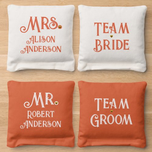 Orange team bride team groom Mr Mrs wedding Cornhole Bags