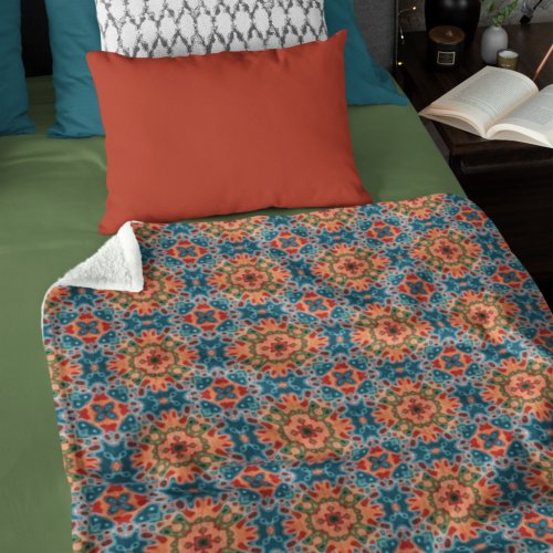 Orange Teel Blue Green Orient Bohemian Art Pattern Fleece Blanket