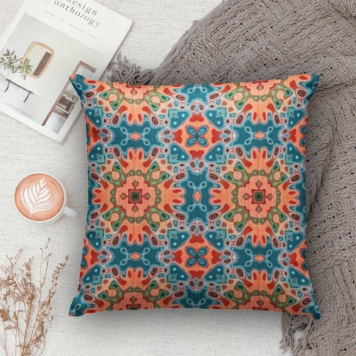 Orange Teel Blue Green Orient Bohemian Art Pattern Throw Pillow