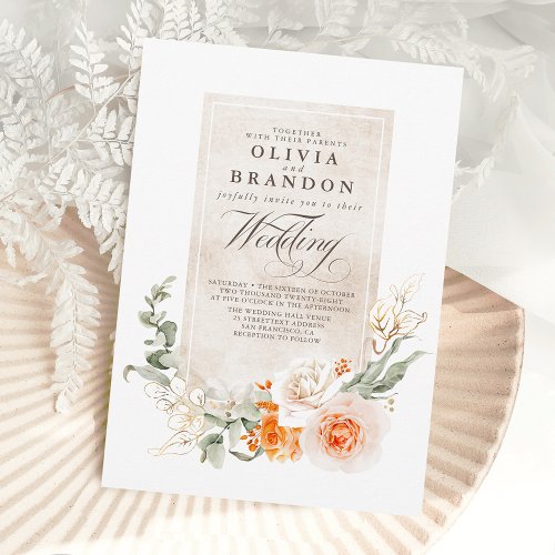 Orange Terracotta and White Floral Wedding Invitat Invitation