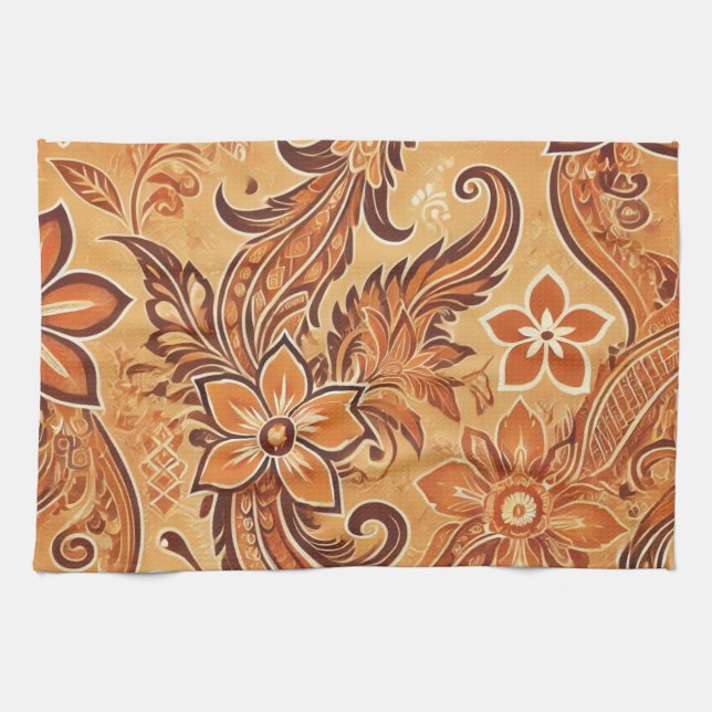 Orange Terracotta Batik Floral Boho Rustic Kitchen Towel (Horizontal)
