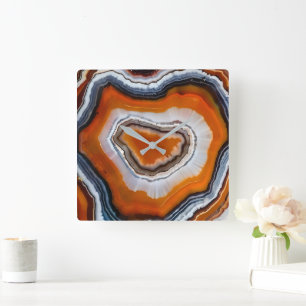 Orange Terracotta Black Grey White Agate Geode Square Wall Clock
