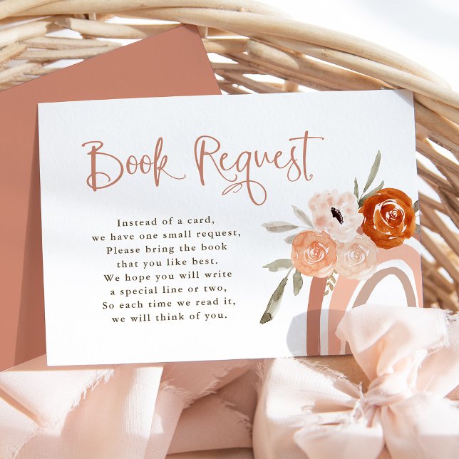 Orange Terracotta Boho | Rainbow Baby Book Request Enclosure Card (A cute, boho baby shower book request card with a neutral terracotta rainbow and flowers)