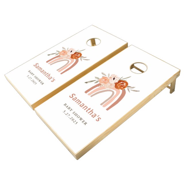 Orange Terracotta Boho | Rainbow Baby Shower Cornhole Set (Angled)