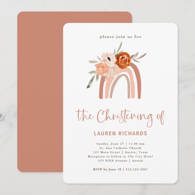 Orange Terracotta Boho | Rainbow Christening Invitation (Front/Back)
