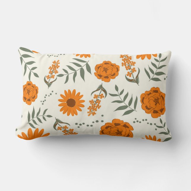 Orange Terracotta Floral Boho Botanical Lumbar Pillow (Front)