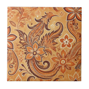 Orange Terracotta Floral Boho Indonesian Batik Ceramic Tile