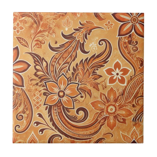 Orange Terracotta Floral Boho Indonesian Batik Ceramic Tile (Front)