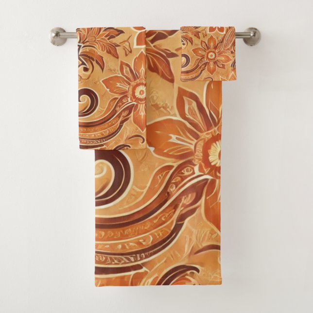 Orange Terracotta Indonesian Batik Floral Pattern Bath Towel Set (Insitu)