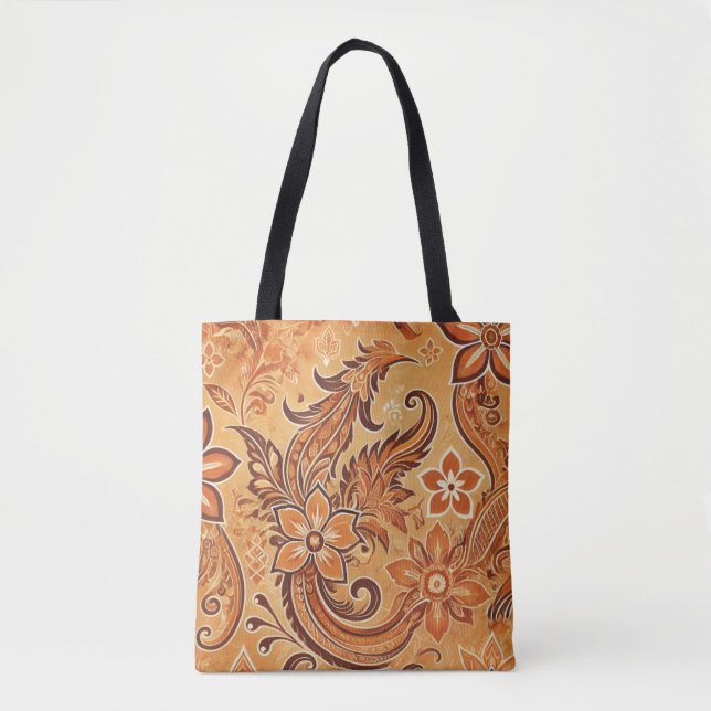 Orange Terracotta Indonesian Batik Floral Pattern Tote Bag (Front)