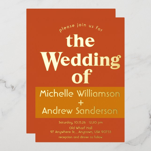 Orange Terracotta Modern Retro Foil Invitation (Front/Back)