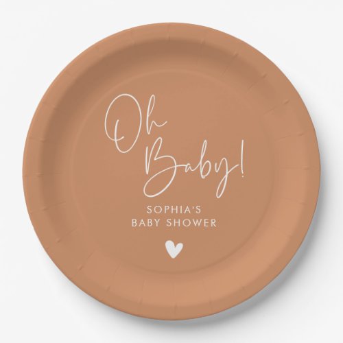 Orange Terracotta Oh Baby Modern Boho Baby Shower Paper Plates