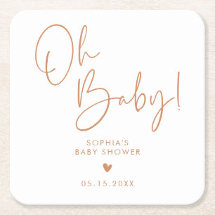 Orange Terracotta Oh Baby Modern Boho Baby Shower Square Paper Coaster