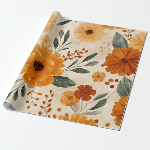 Orange Terracotta Vintage Floral Botanical Wrapping Paper
