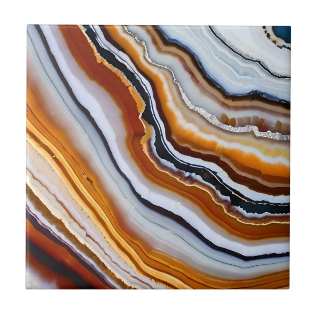 Orange Terracotta White Black Blue Agate Geode Ceramic Tile (Front)